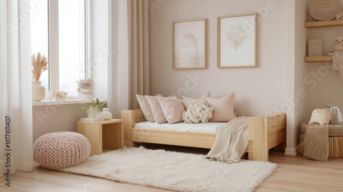 cozy kids room interior, minimal furniture, pastel tones, soft carpet, natural light, small bed with wooden frame, gentle and calm mood 
