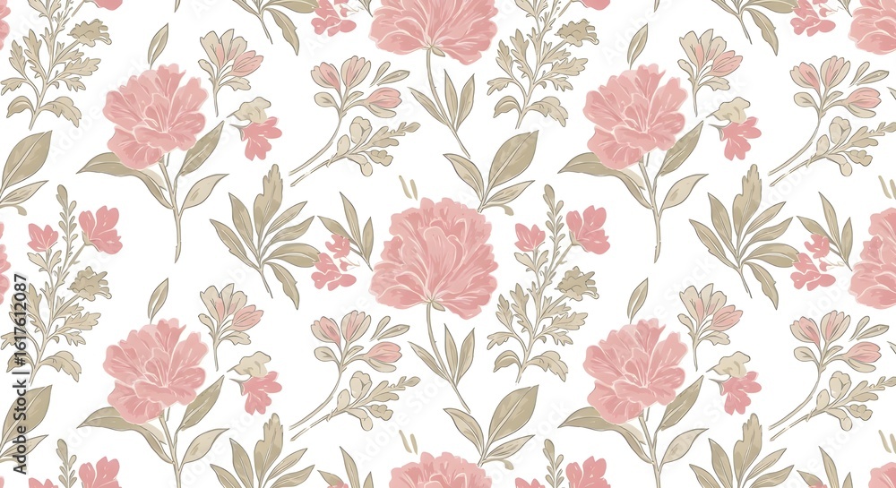 Obraz premium Floral pattern featuring blooming pink flowers and muted green foliage on white.