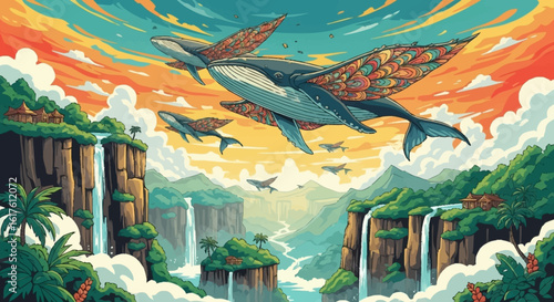 Majestic flying whales with ornate wings soar above lush tropical waterfalls and vibrant skies.