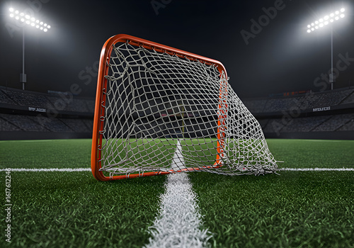 Lacrosse goal net on a stadium field at night. A worn, gray net hangs loosely from an orange metal frame positioned on a grassy playing field within a large stadium filled with dark seats.
