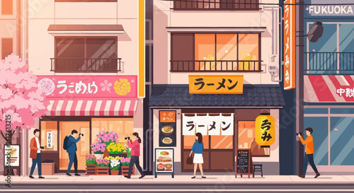 Japanese street scene with food stalls and pedestrians, showcasing vibrant shops and cherry blossoms.