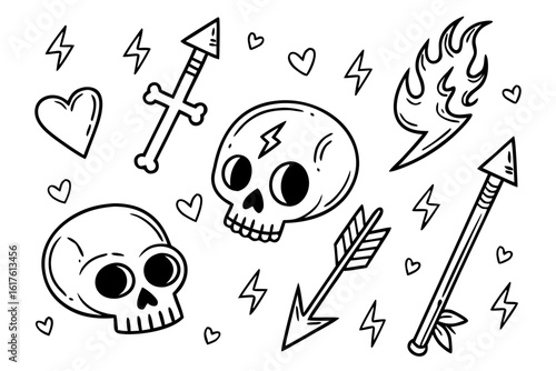 A collection of monochrome old school tattoo flash illustrations. Conceptual set of hand-drawn icons like skulls, hearts, swords, and lightning in a doodle style.