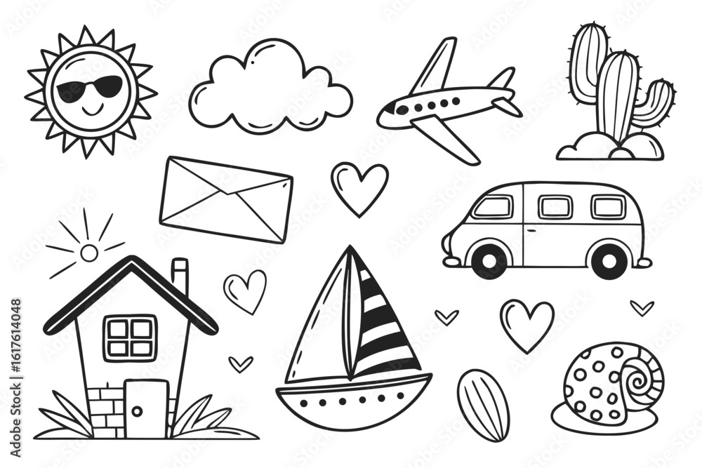 Fototapeta premium Set of cute travel and summer doodles in black and white. Hand-drawn line art icons including a house, van, sun, and airplane.