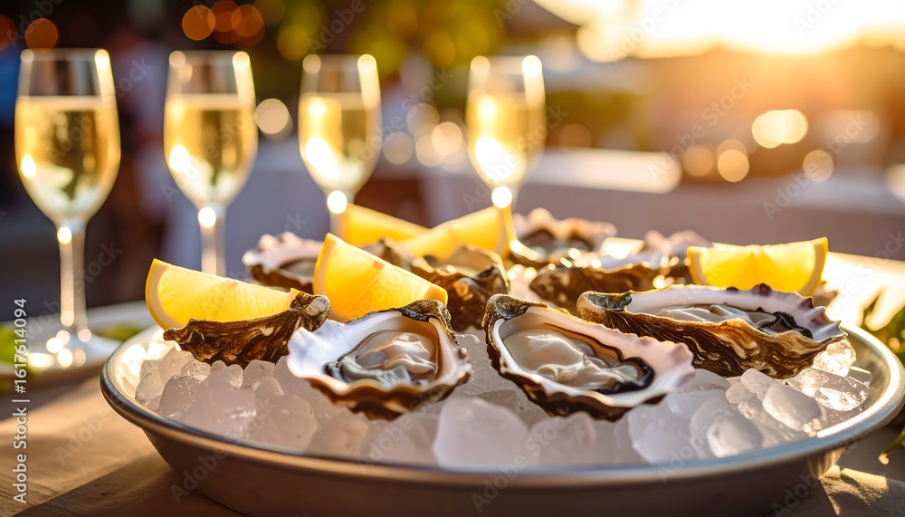 Naklejka premium Fresh oysters on ice with champagne