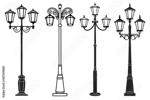 Collection of vintage street lamps in black silhouette and line art styles. Set of four classic old lampposts with decorative elements for urban design.