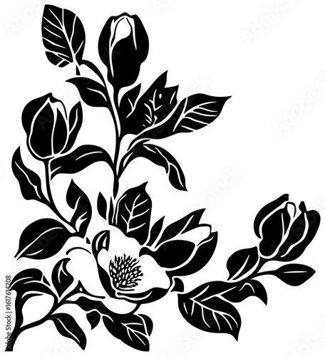 Silhouette of magnolia flower corner borderq