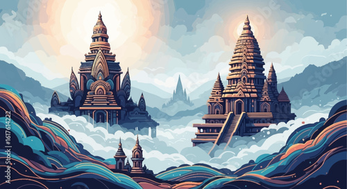 Two majestic ancient temples emerge from ethereal clouds amidst a mystical mountain landscape, bathed in soft light.