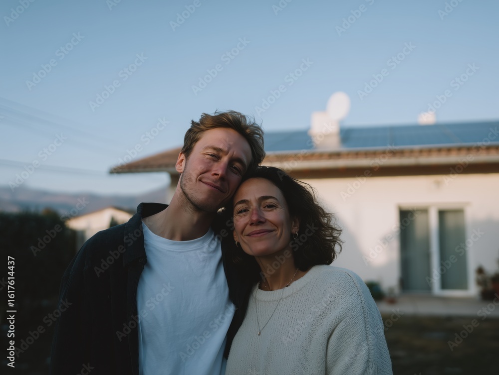 Obraz premium Young couple standing in front of modern house with solar panels on roof, symbol of sustainable living, green energy investment and eco-conscious decision-making