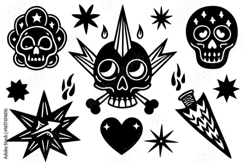 A collection of old school tattoo flash illustrations featuring punk rock skulls, hearts, and stars. Vector graphic set for creative design.