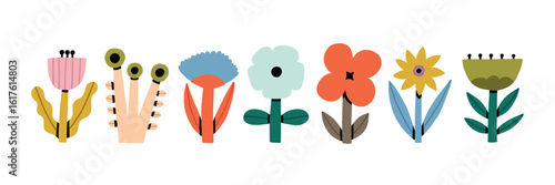 Nordic Folk Flower Set. Abstract Easter Geometric Floral Graphic Element. Vector Illustration