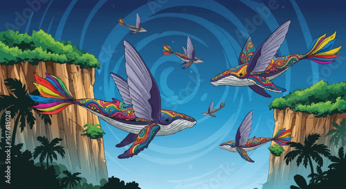 A pod of fantastical winged whales with colorful rainbow tails soars through a lush, tropical canyon.