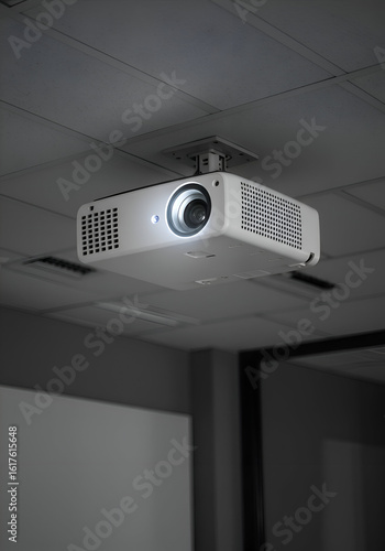 Ceiling-mounted projector in a modern, neutral conference room. Projector suspended from the ceiling with illuminated lens, highlighting the technology of the space.