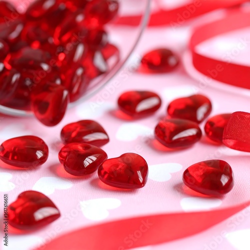 Red hearts scattered on a pink surface