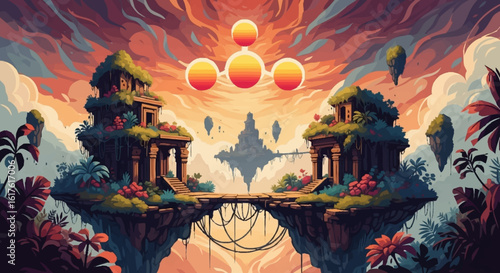 Mystical floating islands adorned with ancient ruins beneath a vibrant, celestial sunset.