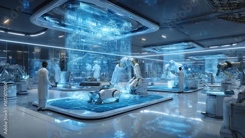 Medical lab with advanced holographic displays showing health data and analysis, scientists interacting with futuristic technology in a smart healthcare environment