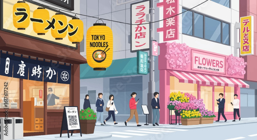 Illustration of a bustling street scene in Tokyo, featuring shops, pedestrians, and Japanese signage.
