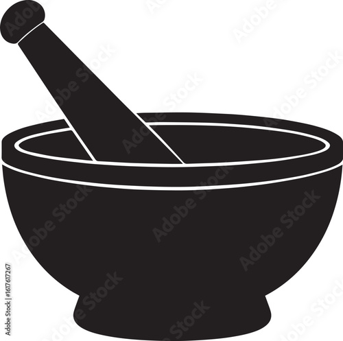 Mortar and Wooden Pestle Silhouette in Black | Kitchen Tool Illustration
