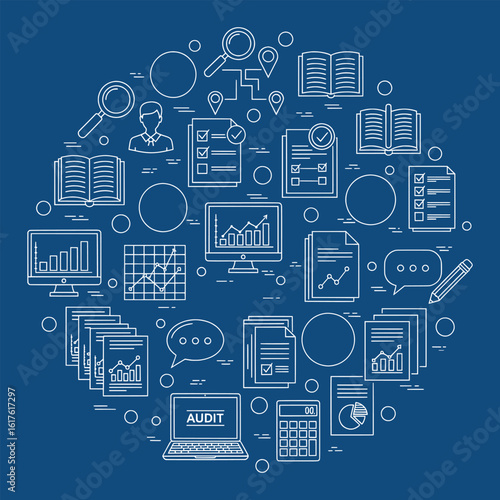 Business audit concept with thin line icons. Financial analysis, data research, and reporting elements set in a circle.