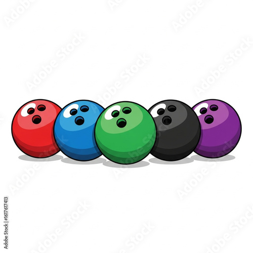 Five bowling balls of different colors (red, blue, green, black, and purple) arranged in a row.