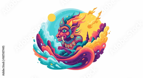 A vibrant illustration of a mythical horned demon surrounded by colorful, swirling fire and water.