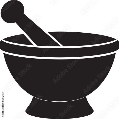 Mortar and Wooden Pestle Silhouette in Black | Kitchen Tool Illustration