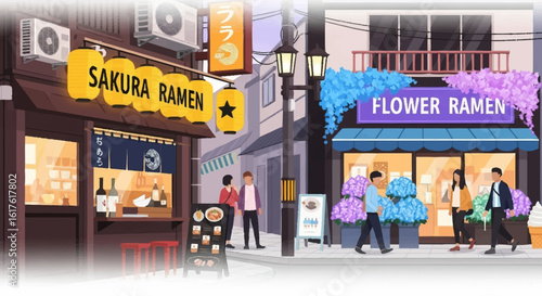 Japanese street scene with ramen shops and pedestrians.