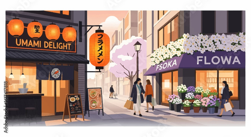 An illustrated Japanese city street in spring, with a ramen shop, flower store, and pedestrians at dusk.