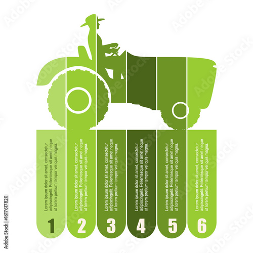 Agricultural machinery. Vehicle for field farm work. Industrial tractor transport icon with six features or option of project to select. Infographic for business information visualization.