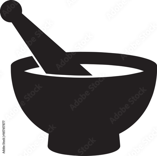 Mortar and Wooden Pestle Silhouette in Black | Kitchen Tool Illustration