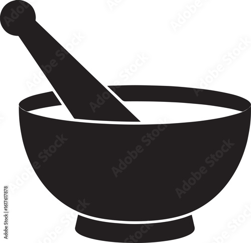 Mortar and Wooden Pestle Silhouette in Black | Kitchen Tool Illustration