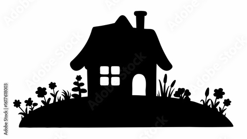 Foto Silhouette of a quaint house with a chimney surrounded by flowers and grass on a