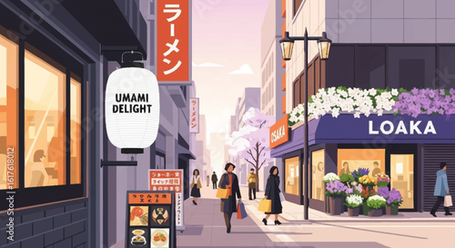 Pedestrians stroll along a sunlit city street in Japan, passing by a ramen shop and a flower store.