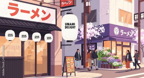 An illustrated Japanese street scene with a ramen shop, pedestrians, and blooming cherry blossoms.