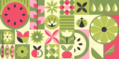 Bauhaus plant mosaic with geometric fruit patterns - watermelon slices, apples and berries with stylized flowers, leaves and ladybug icons. Pink and green color retro botanical tiles for summer design