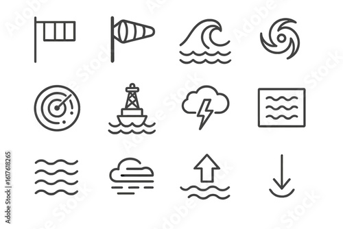 Nautical and weather icons: waves, radar, storm, wind signs
