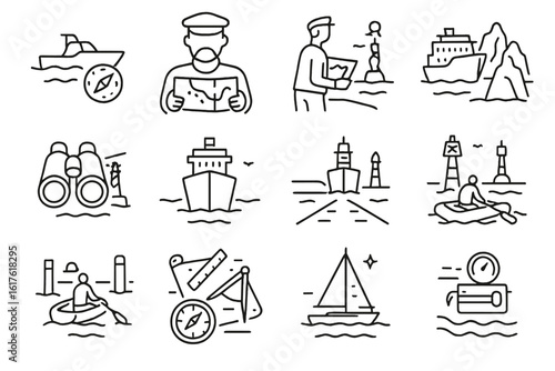 Nautical exploration and navigation icons set with boats and compasses