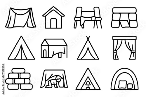 Camping and shelter icons: tents, houses, forts, and arches