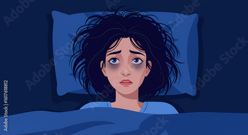Sleeplessness illustrated with a worried woman lying awake at night in her bed with messy hair.