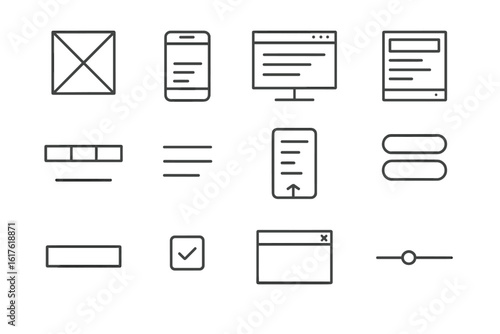 Simple ui/ux wireframe icons: web and mobile design elements