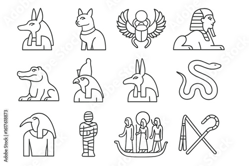 Ancient egyptian symbols: deities, animals, hieroglyphs, and artifacts