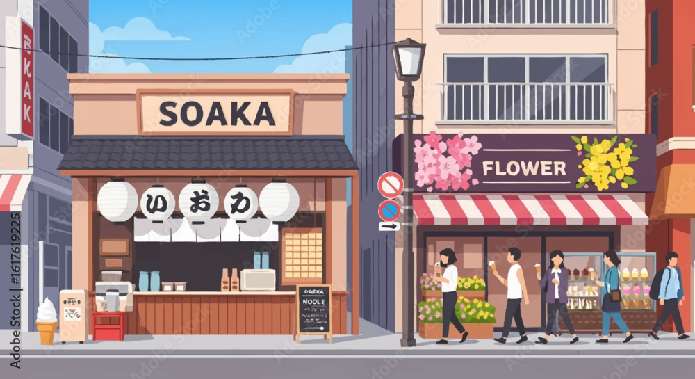 Obraz premium A vibrant Japanese street scene with a traditional eatery, a flower shop, and pedestrians walking by.