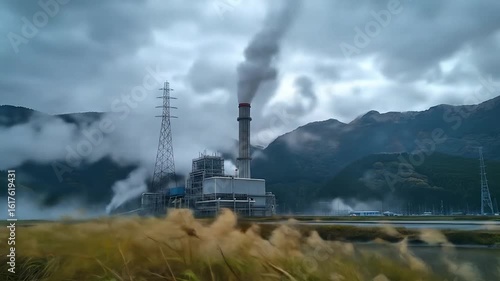 Geothermal Power Plant with Misty Mountains, and Japan.