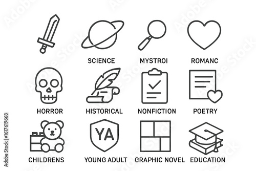 Various book genres represented with icon illustrations on gray background