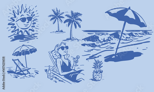 Hand-Drawn Summer Vacation Doodle Illustration Set with Girl, Beach, and Tropical Elements. Suitable for use in themed packaging, cultural and creative products, posters, cards, social media decoratio