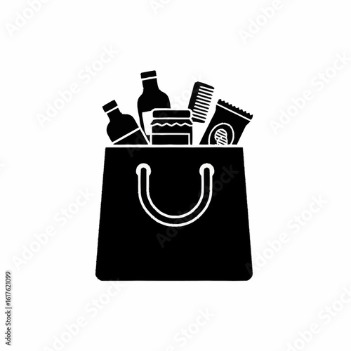 A black silhouette icon of a shopping bag overflowing with various groceries, including bottles, a jar, and packaged goods.