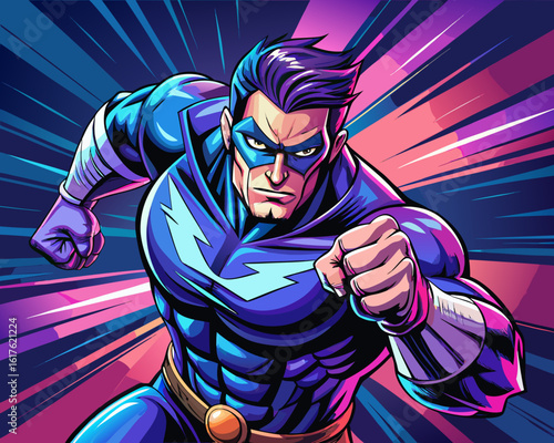 Pop art comic book style super hero punching with male superhero costume poster design