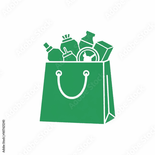 Green shopping bag filled with various packaged goods, representing consumerism and purchases.
