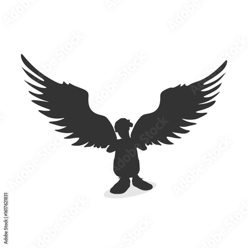 Fantasy woman angel with huge bird wings. Lady goddess sitting on floor.