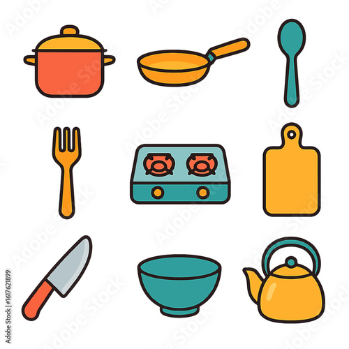 Vibrant kitchenware set perfect for cooking blogs and culinary designs, featuring a pot, pan, stove, and more in a colorful flat style