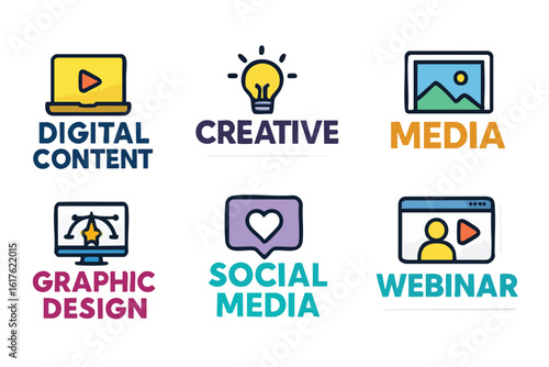 A colorful vector illustration showcasing various digital marketing and online communication concepts, including webinars, creative ideas, and graphic design elements for modern business strategies.